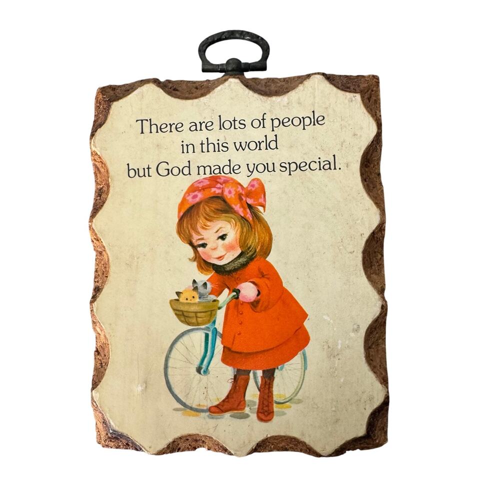 Vintage 1979 Wooden Wall Plaque Paula Company Decoration Little Girl Bike God